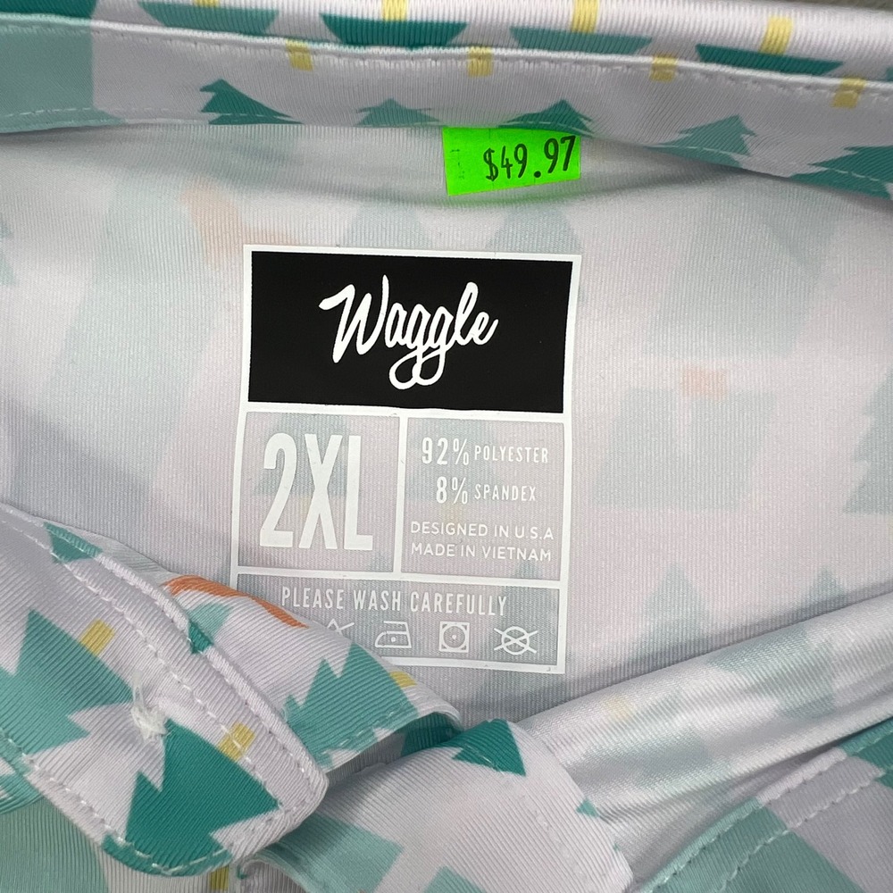 Waggle Fox Holes Polo Shirt Mens 2XL Mint Green Tree Pattern Performance Stretch - Picture 7 of 9